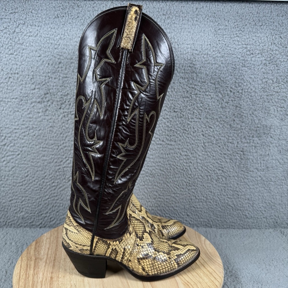 Vtg Dan Post Boots Womens 5 C Brown Tall Genuine Snakeskin Python Exotic Western